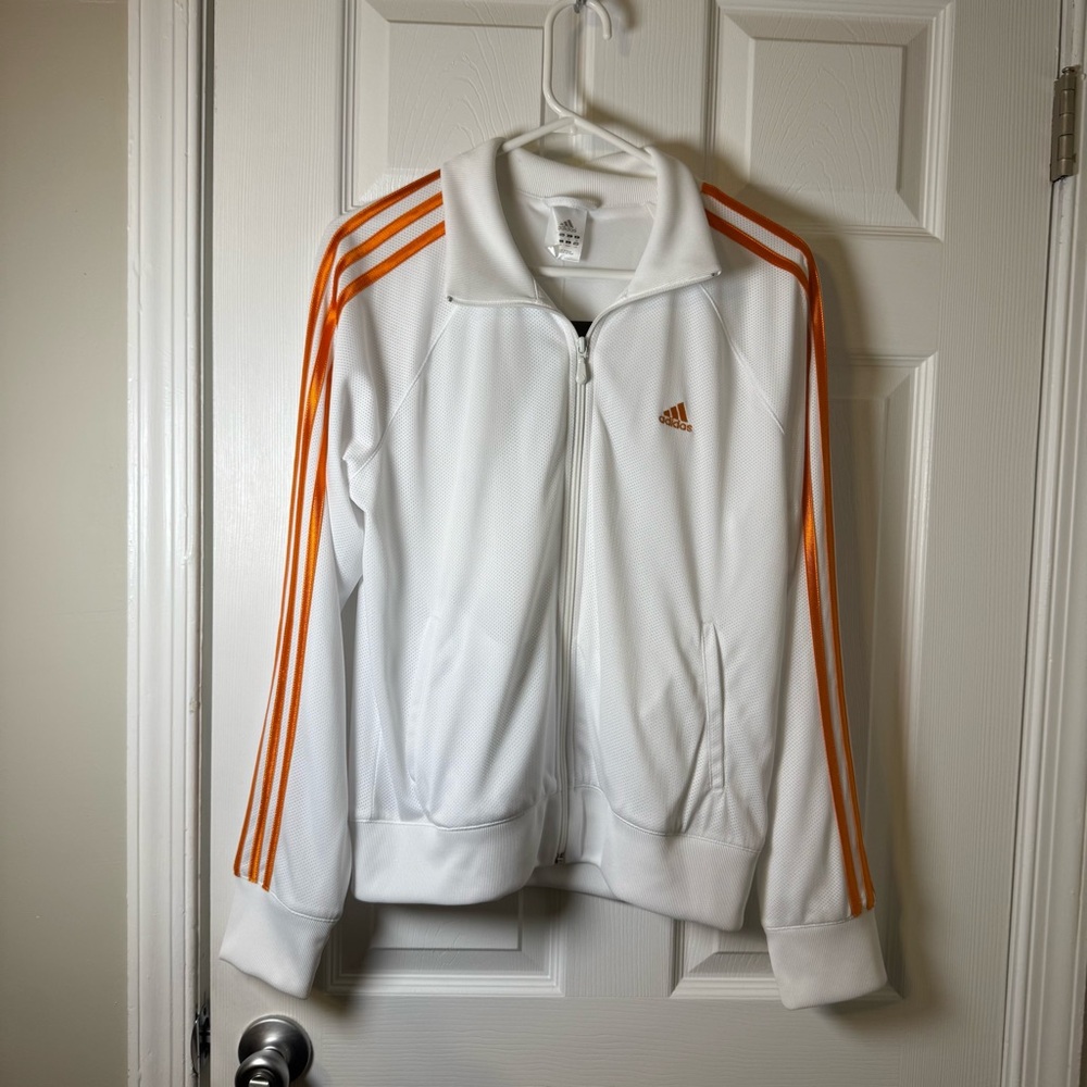 Adidas Women’s Mesh Track Jacket White Orange Large NWT 3-Stripes Full Zip